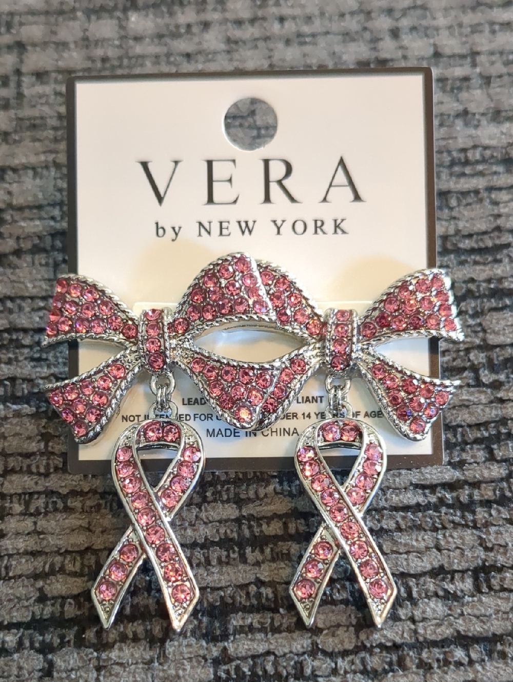 Pink Ribbon Bow Earrings – Breast Cancer Awareness Rhinestone Dangle, Silvertone